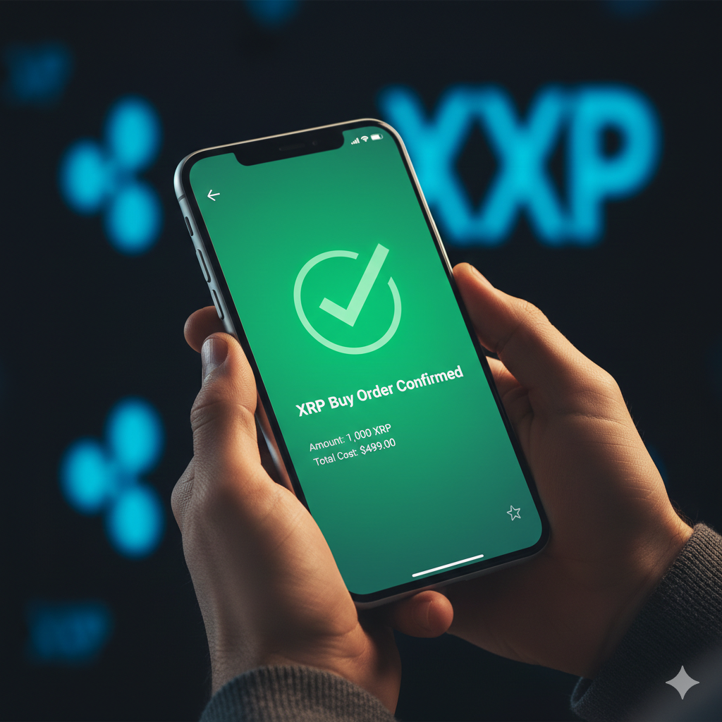 Smartphone showing XRP purchase on a crypto exchange app